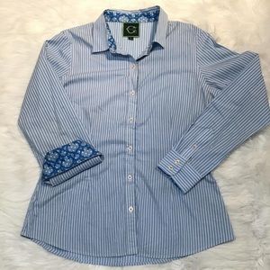 Women’s Blue White Stripes Button Down Long Sleeve Shirt Blue Print inside Hem